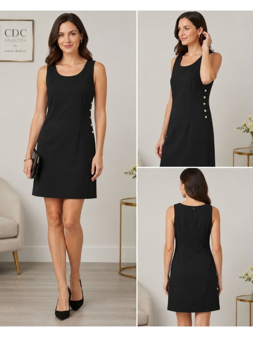 Caren Desiree Colection Vtg Sleeveless Shift Dress Side Buttons Black Petite 8